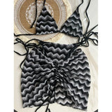 DERMEARNE Knitbikini Set Of Three Sexy Striped Swimwear Middle Age Polyester Fiber Beach Style Printed Knitted Bikini