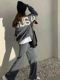 2Pcs Casual Knitted Wide Leg Pant Suit Women's Personality Letter Printing Versatile Loose Long Sleeved O-Neck Pullover Sweater