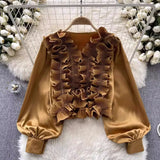 DERMEARNE 2025 New Vintage Shirts Women American Fashion Tops Casual Loose Solid V-neck Blouse Chic Lantern Long Sleeve Ruffles Tunic