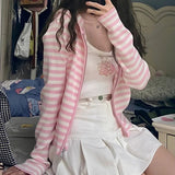 Spring Pink Cardigans Women Striped Knitted Tops Long Sleeve Zipper Thin Stretchy Hooded Sweater Harajuku Kawaii Clothes
