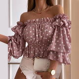 DERMEARNE Off Shoulder Summer Ladies Multi-layer Top Colorful Pleated Autumn Blouse Fashion Women Ruffles Long Sleeve Shirt for Beach