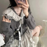 Korean Style Vintage Knit Cardigans Gray Youthful Woman Harajuku Lace Sweaters Japanese Preppy V Neck Outerwears Autumn