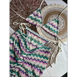 DERMEARNE Knitbikini Set Of Three Sexy Striped Swimwear Middle Age Polyester Fiber Beach Style Printed Knitted Bikini