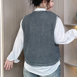 DERMEARNE 2025 Spring Summer Plus Size Women's Tweed Round Neck Vest with Frayed Hem Design, Retro Style Waistcoat Jacket 8283