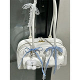 Retro White Bowling Bag Purse Women Hot Girls Leather Pocket Chic Casual Handbag Female Vintage Shoulder Bags Aesthetic