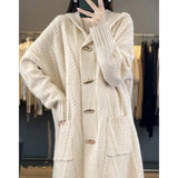 Autumn And Winter New Cashmere Cardigan Women's 100% Pure Wool Coat Loose Hooded Long Horn Button Knitted Sweater