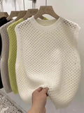 Sweater Vests Women Solid Hollow Out All-match Autumn Knitting Simple Thin O-neck Retro Fashion Loose Lady Streetwear Female