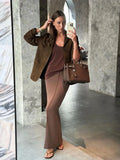 Casual Brown Women Lapel Jackets Fashion Long Sleeve Single Breasted Pockets Coats Autumn Office Lady Commuting Blazer Outwear