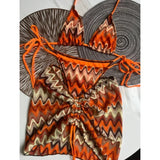 DERMEARNE Knitbikini Set Of Three Sexy Striped Swimwear Middle Age Polyester Fiber Beach Style Printed Knitted Bikini