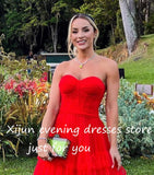 Xijun Red Tiered Ruffles Tulle Evening Dresses Sweetheart Sleeveless A-Line Pleat Ruched Party Prom Gowns vestidos de festa