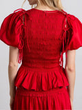 DERMEARNE 2025 New Lace-up Puff Sleeve Shirts For Women Fashion Red Round Neck Pleated Hem Pullover Spring Female High Street Tops