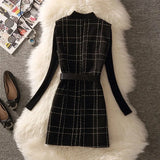 Vintage Mid-Length 75cm Plaid Tweed Vest Jacket Women 2 Piece Set Elegant Pearl Button Belted Unlined Waistcoat And Knit Sweater