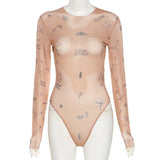 DERMEARNE Sexy tight-fitting one-piece Top Women Long-Sleeved Bodysuits O-Neck Basic Party Wear Print Summer Wild Slim Bodysuits