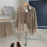 DERMEARNE Women's three-piece summer new thin sunscreen shirt top+slim suspender vest+loose Joker shorts.