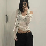 Coquett Y2K Women's Knit Sweater Hollow Out Knitwear V Neck Pullovers Spring See Through Jumper Harajuku Fashion Grunge