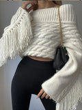 Tassels Solid Women Sweater Off Shoulder Knitted Female Pullover 2024 Autumn Elegant Casual Loose Long Sleeves Lady Sweaters