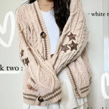 Dermearne Women Autumn Cotton Star Embroidery Khaki Knitted Cardigans V Neck Aesthetic Retro Single Breasted Sweaters Y2k Beige Tops