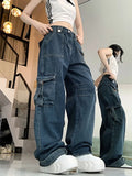 2024 Roupa Y2K Streetwear Vintage Blue Multi Pockets Pleated Baggy Jeans Pants For Women Gothic Clothes New Rock Lady Trousers
