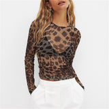 DERMEARNE Women Mesh Shirt Long Sleeve Leopard Print Crop Top Sexy Crew Neck T-shirts Fashion Slim Fit Ladies Transparent Tops Streetwear