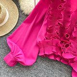 DERMEARNE 2025 New Vintage Shirts Women American Fashion Tops Casual Loose Solid V-neck Blouse Chic Lantern Long Sleeve Ruffles Tunic