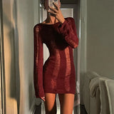 DERMEARNE Sexy Women Backless Cutout Dress Long Sleeve Round Neck Solid Color Crochet Knit See Through Mini Dress Summer Beach Sundress