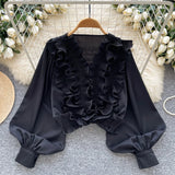 DERMEARNE 2025 New Vintage Shirts Women American Fashion Tops Casual Loose Solid V-neck Blouse Chic Lantern Long Sleeve Ruffles Tunic