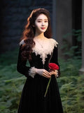 DERMEARNE Gagarich French Formal Slim Lace Side Long Vintage Women Dress Feel Hepburn Style Black Velvet Spring Autumn Elegant Vestidos