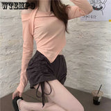 WTEMPO Sexy Off Shoulder Slim Fit T-shirt Women Solid Color Slim Fit Irregular Bottom Shirt Fashion Female Shirt Drop Shipping