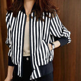 DERMEARNE Autumn Fashion Trend Stripe Round Neck Combed Cotton Short Jacket Versatile  Reducing Age and Slimming Women's Baseball Coat