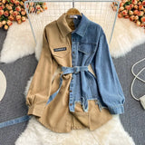DERMEARNE Women Shirt Denim Splice Full Sleeve Single Breasted T Shirts Turn Down Collar Irregular Midi Blouses Belt Ladies Autumn