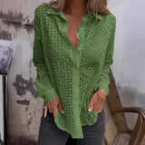 DERMEARNE Autumn Sexy Hollow Out Women's Shirt Fashion Loose Casual Single Breasted Lapel  Long Sleeved Street Solid Color Women Shirts