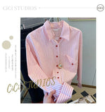 DERMEARNE Pink Trend Striped Loose Blouse Spring New Long Sleeve Polo Neck Korean All-match Shirt Tops Fashion High Street Women Clothing