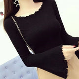 DERMEARNE 2025 New Spring and Autumn Fashion Simple Solid Elastic Slim Fit Wooden Ear Edge One Line Neck Flare Sleeve Knit Underlay Shirt