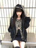 Harajuku Leopard Print Women Zip Up Hoodies Vintage Gyaru Streetwear Japanese Style 2000s Aesthetic Sweatshirt Oversize