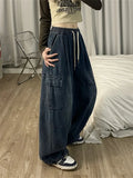 Vintage Blue Cargo Jeans Women Baggy Denim Pants Oversized Y2K Grunge Hip Hop Streetwear Harajuku Casual Wide Leg Trousers