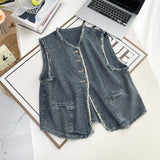 DERMEARNE 2025 Spring Summer Plus Size Women's Tweed Round Neck Vest with Frayed Hem Design, Retro Style Waistcoat Jacket 8283