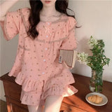 Dermearne Floral Sleepwear Women Pajama Sets Korean Piiama Sets 2 Pieces Ruffle Night Wears Short Sleeve Pyjamas Bow Summer Lace Home Suit