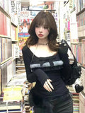 DERMEARNE Coquette Sexy Kawaii T Shirts Women Korean Style Y2k Vintage Streetwear Bow Patchwork Square Collar Slim Tees Tops 2025