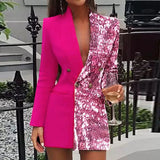 Sequins Patchwork Blazer Dress Women Fashion Sexy Long Sleeve Lapel Collar V Neck Double Breasted Long Coat Cocktail Dress