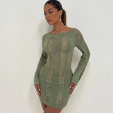 DERMEARNE Sexy Women Backless Cutout Dress Long Sleeve Round Neck Solid Color Crochet Knit See Through Mini Dress Summer Beach Sundress