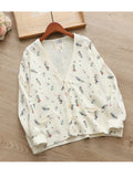 Kawaii Colorful Wheat Flowers Print Sweet V-Neck Cardigan Knitted Sweater 2024 Autumn Winter