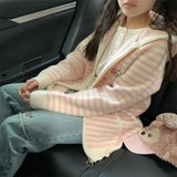 Y2k Aesthetic Cartoon Embroidery Hooded Cardigans Casual Grunge Contrast Color Stripe Tops Worean Japanese Loose Zipper Sweater