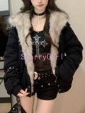 DERMEARNE Winter New Elegant Liner Fur Loose Coat Women Y2k Fur Collar Hood Thick Fashion Parkas Casual Outerwear Cotton Padded Jackets