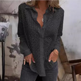 DERMEARNE Autumn Sexy Hollow Out Women's Shirt Fashion Loose Casual Single Breasted Lapel  Long Sleeved Street Solid Color Women Shirts