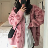 Pink V-neck Leopard Print Sweater Women's Autumn Korean Version Loose Fit Slimming Sweater Knitted Cardigan Jacket