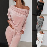 Women 2 Pieces Set Tracksuit 1 Shoulder Sweatshirt Pants Sets Velvet Lounge Suit