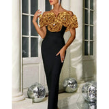 DERMEARNE Stereoscopic Gloden Flowers Sexy Off The Shoulder Ankle Lenght Bandage Dress Woman Birthday Party Vestido Wedding Party Outfit