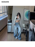 American Retro High Waist Oversized Jeans Women's Casual Baggy Pocket Y2K Pants Wide Leg Grunge Light Blue Denim Trouser