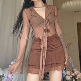 DERMEARNE Long Flare Sleeve Sexy Sweet Hot Girls Korean Blouses for Women Lace-up Mesh Fashion Style All-match Solid Design Elegant Casual