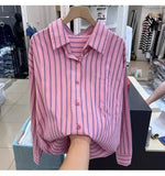 DERMEARNE Pink Striped Long Sleeve Blouse Spring New Polo Neck Korean Loose Youth All-match Trend Shirt Tops Casual Fashion Women Clothing